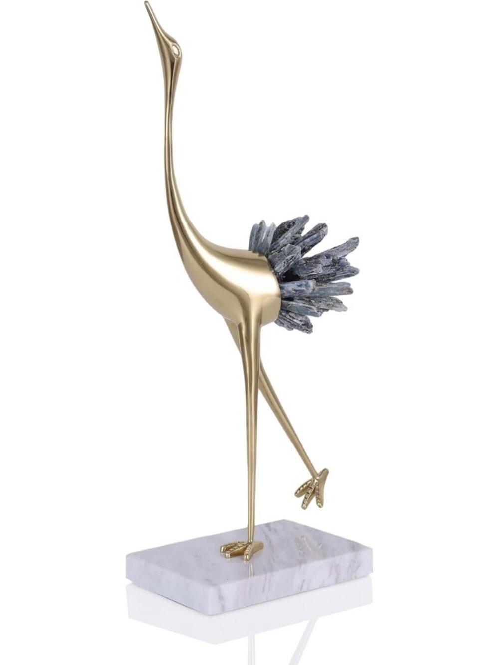 Elegant Gold Crane Statue with Blue Crystal Tail - 13.8-Inch Home Decor Accent